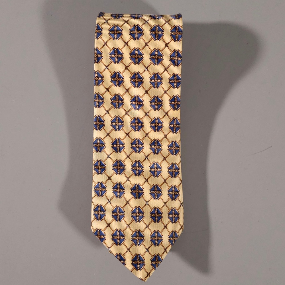 Brooks Brothers Silk Tie Mens OS Yellow Blue Geometric Lattice Makers USA